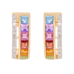 18K Gold Rainbow Gemstones Channel-set Diamond Hoop Earrings