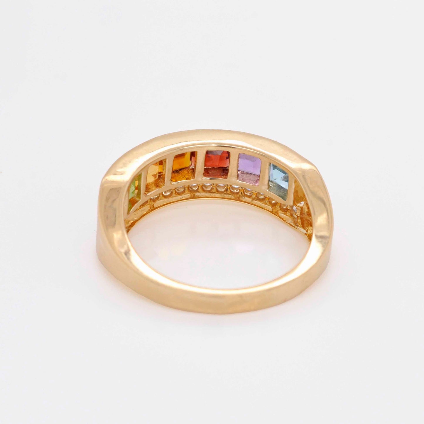18K Gold Channel-Set Rainbow Gemstones Diamond Eternity Band Ring