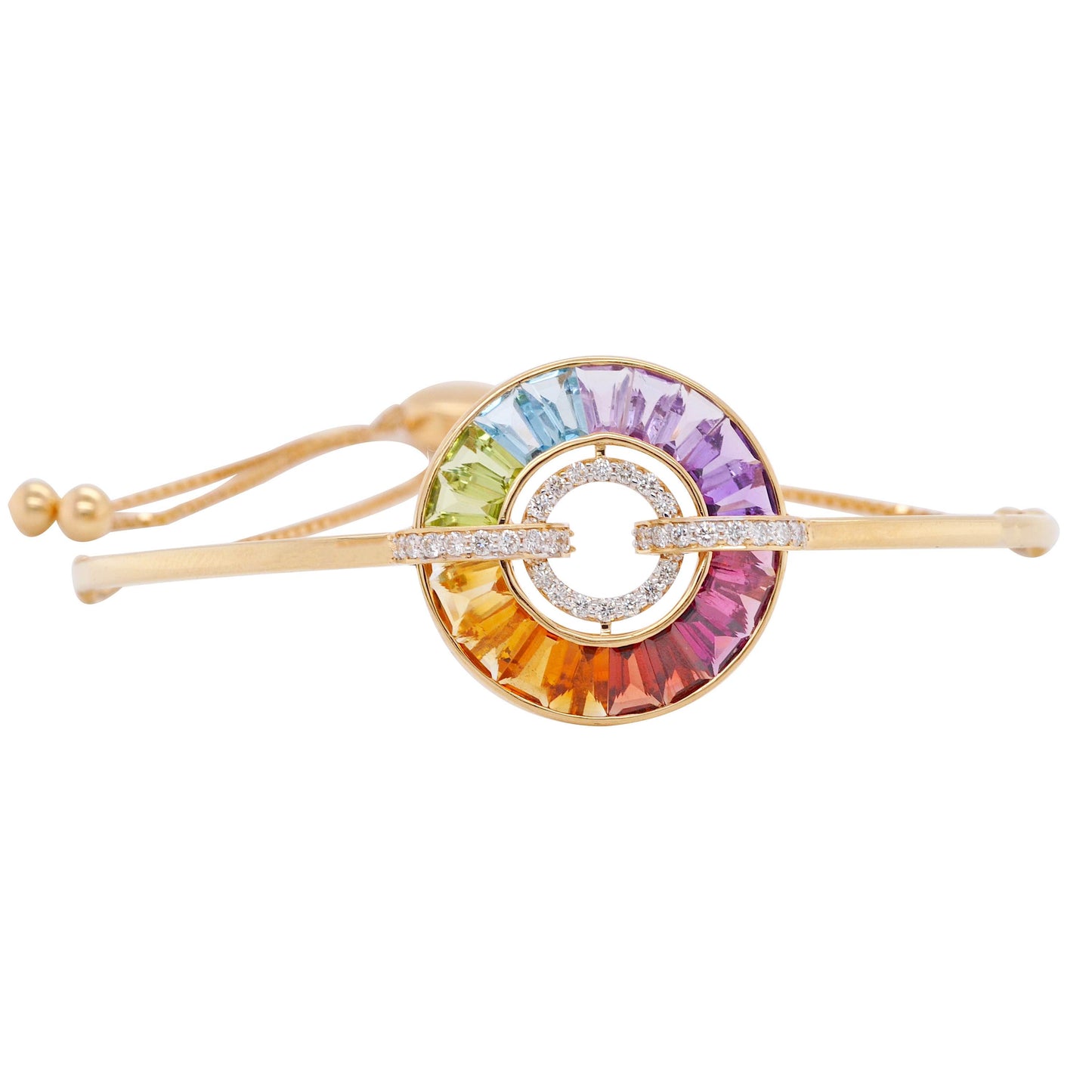 18K Gold Rainbow Gemstones Diamond Circle Bolo Bracelet