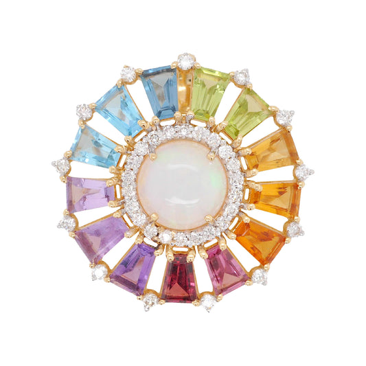 18K Gold Rainbow Prong-set Opal Diamond Circle Pendant Necklace