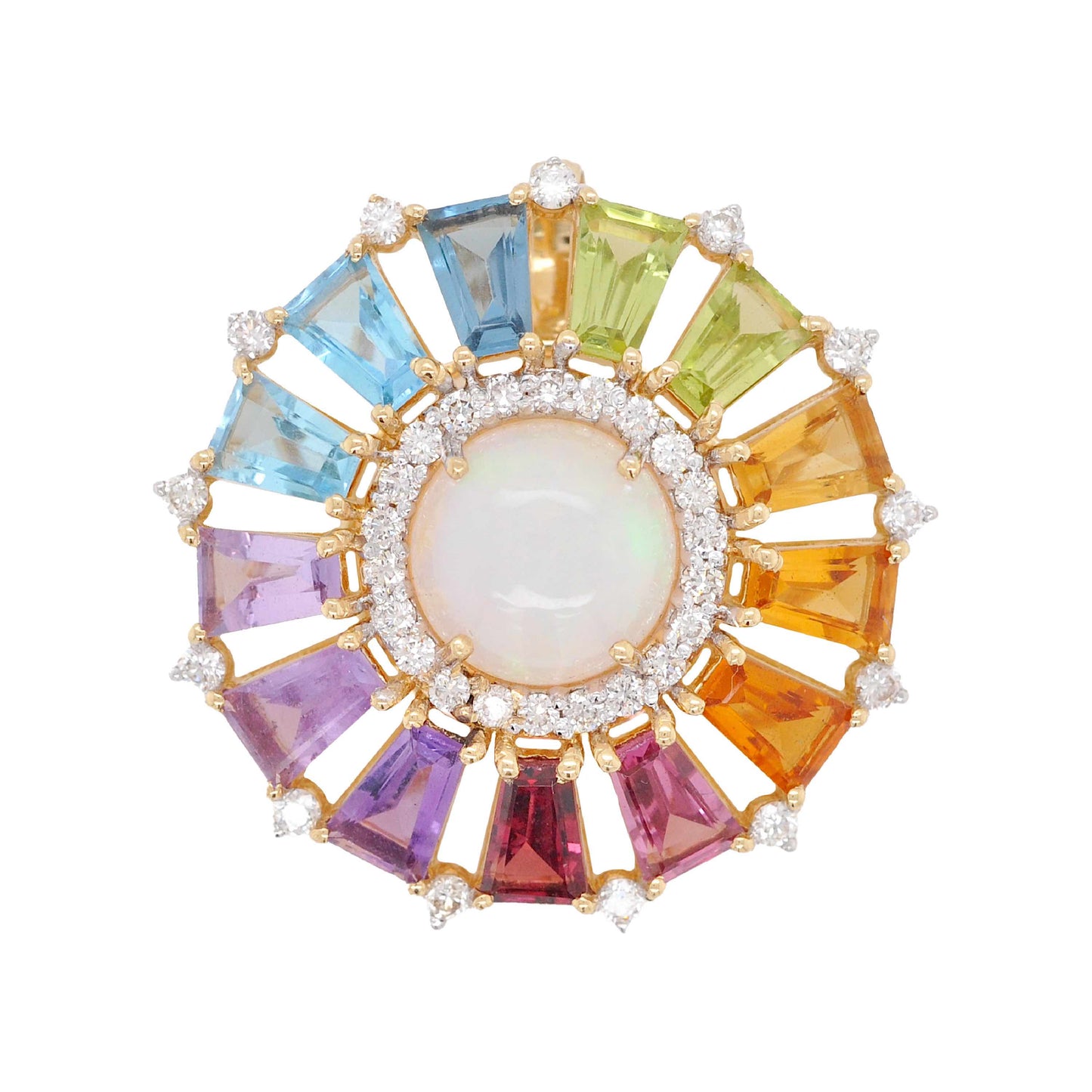 18K Gold Rainbow Prong-set Opal Diamond Circle Pendant Necklace