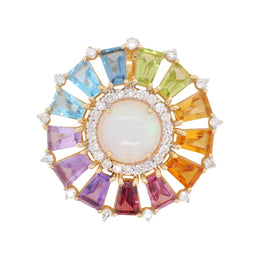 18K Gold Rainbow Prong-set Opal Diamond Circle Pendant Necklace