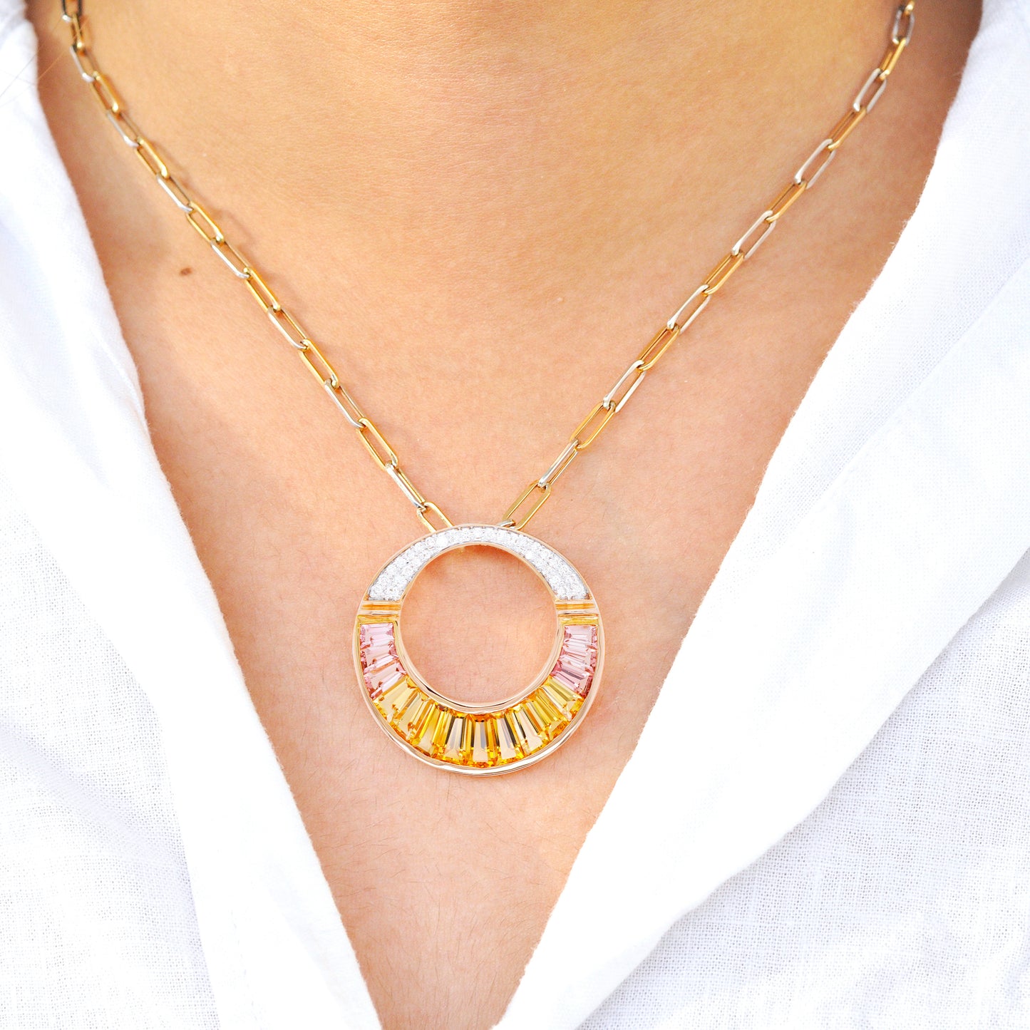 Brosche mit Kleopatra-Diamant-Anhänger aus 18-karätigem Gold mit Citrin und rosa Turmalin