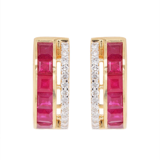 18K Gold Ruby Channel-set Diamond Hoop Earrings