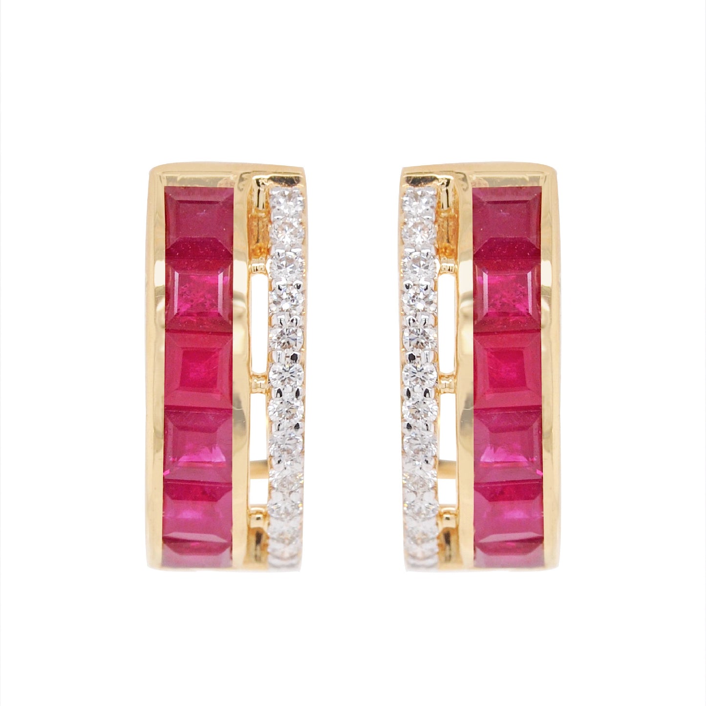 18K Gold Ruby Channel-set Diamond Hoop Earrings