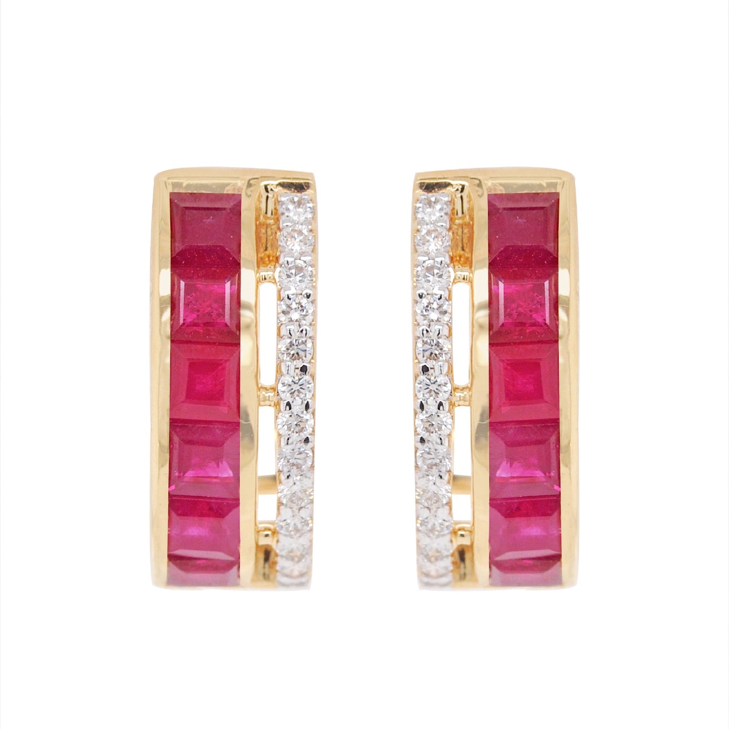 18K Gold Ruby Channel-set Diamond Hoop Earrings