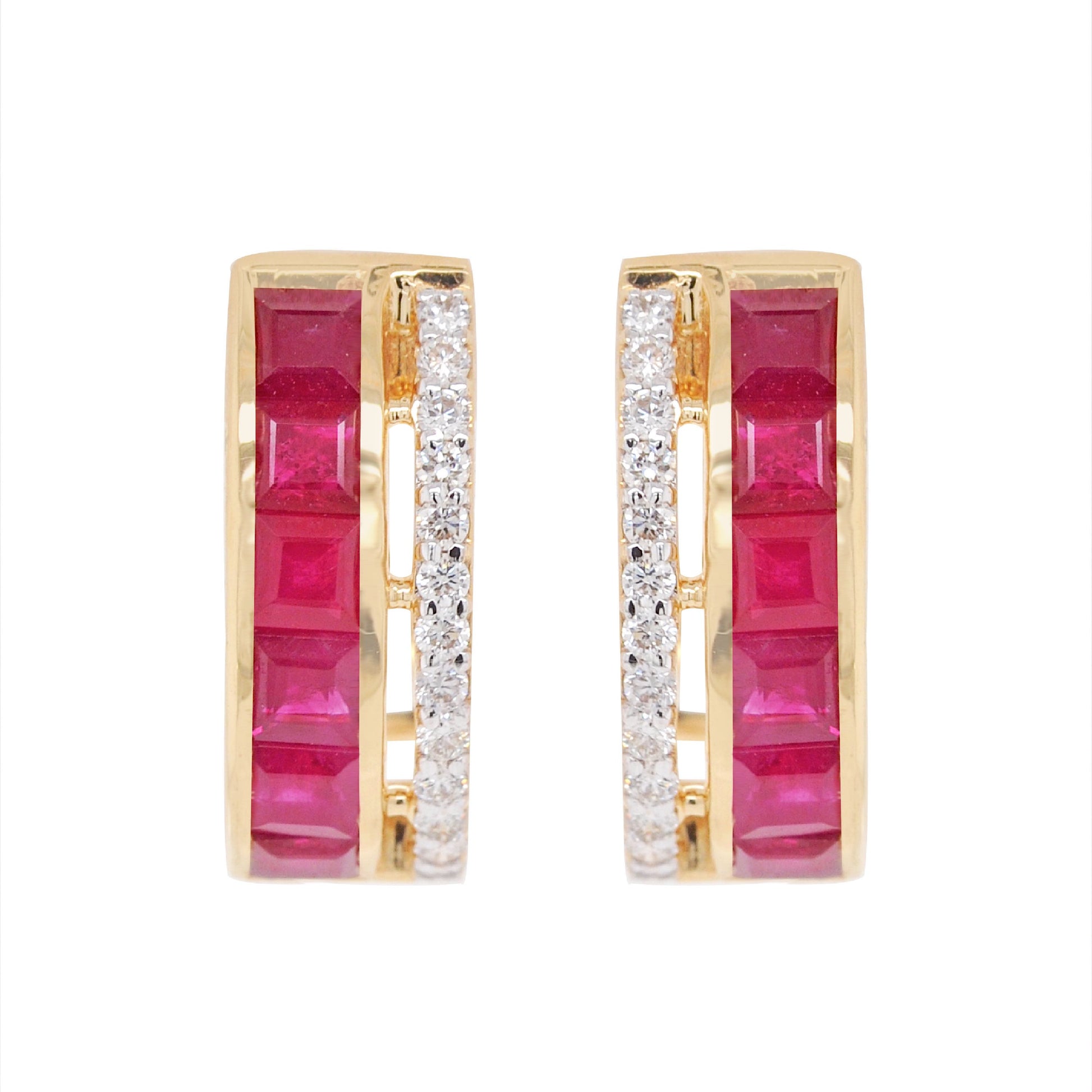 18K Gold Ruby Channel-set Diamond Hoop Earrings