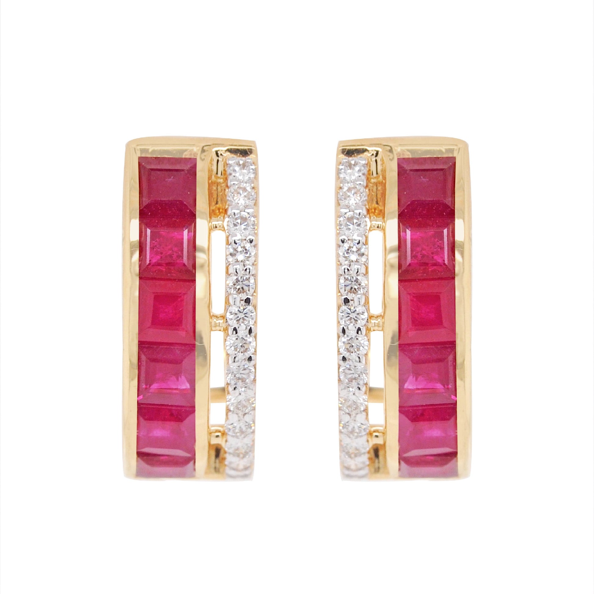 18K Gold Ruby Channel-set Diamond Hoop Earrings