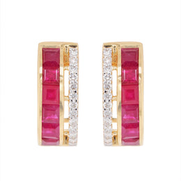 18K Gold Ruby Channel-set Diamond Hoop Earrings