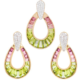 18k Gold Peridot Pink Tourmaline Diamond Raindrop Set - Vaibhav Dhadda Jewelry