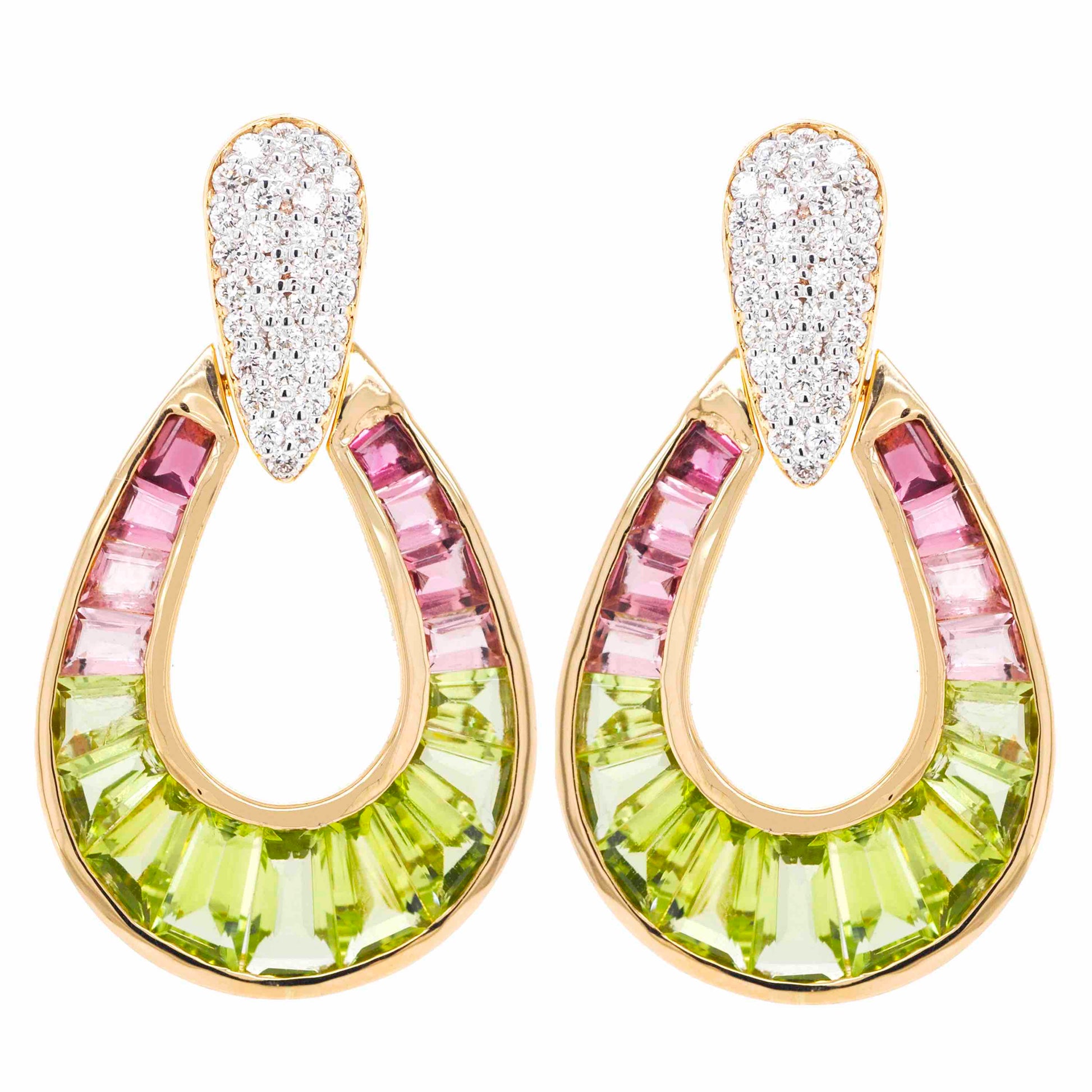 Unique raindrop-shaped pink tourmaline and diamond drop earrings