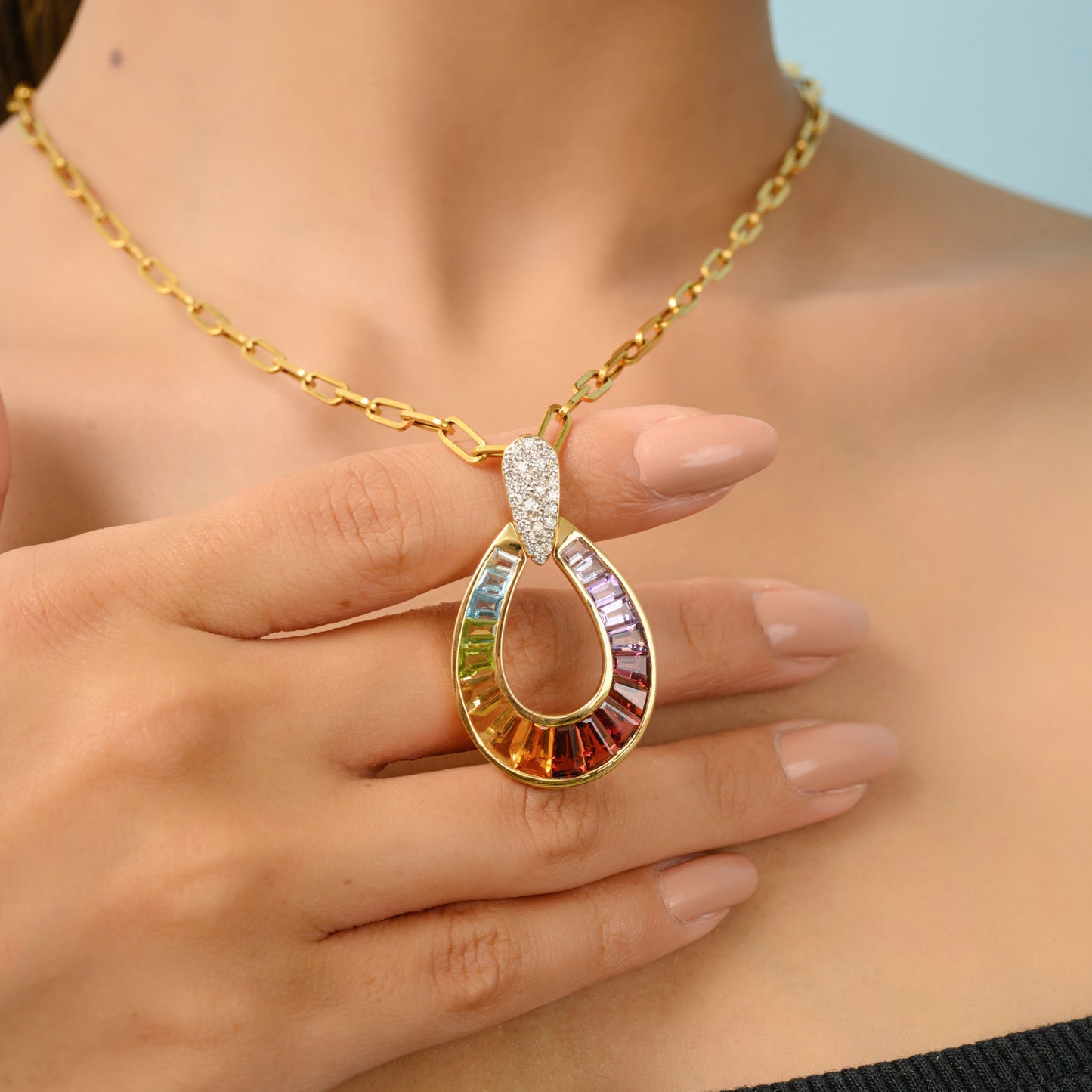 Ensemble de gouttes de pluie en diamant et pierres précieuses arc-en-ciel en or 18 carats