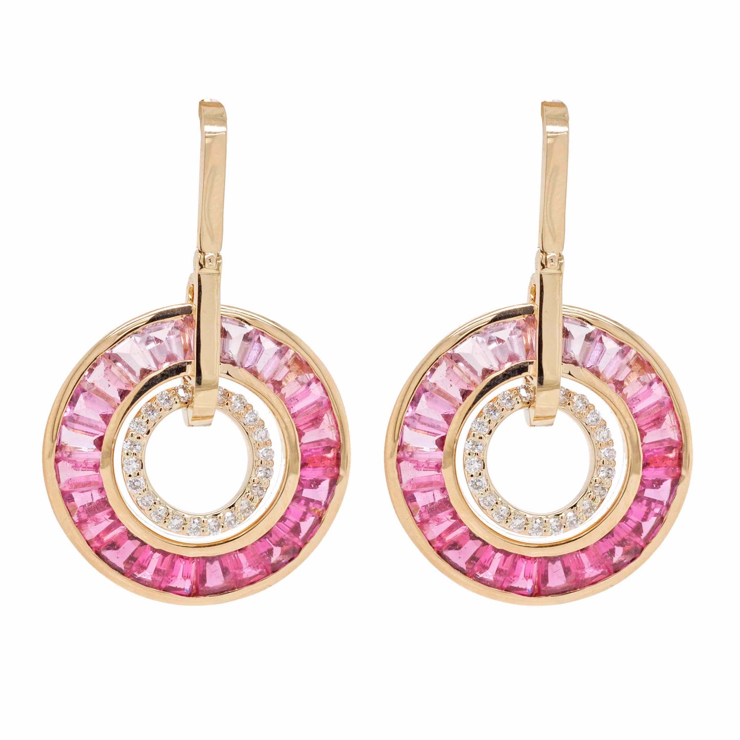 18K Gold Pink Tourmaline Circle Diamond Dangle Earrings