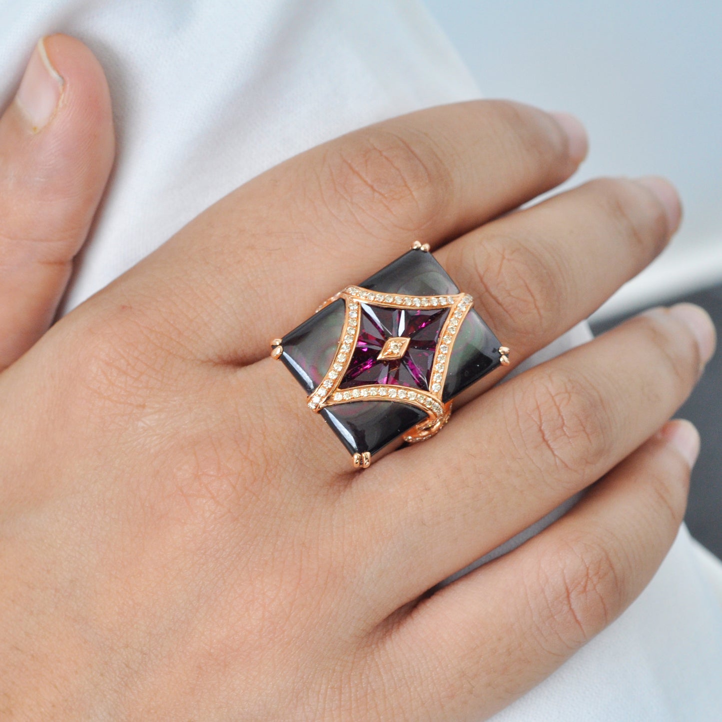 Black MOP & Rhodolite Ring