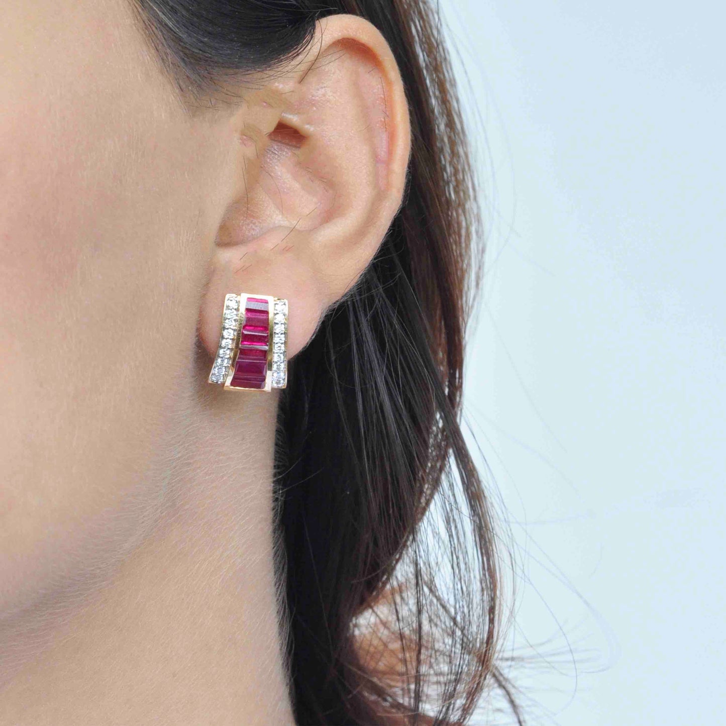 Baguette stud earrings with rubies
