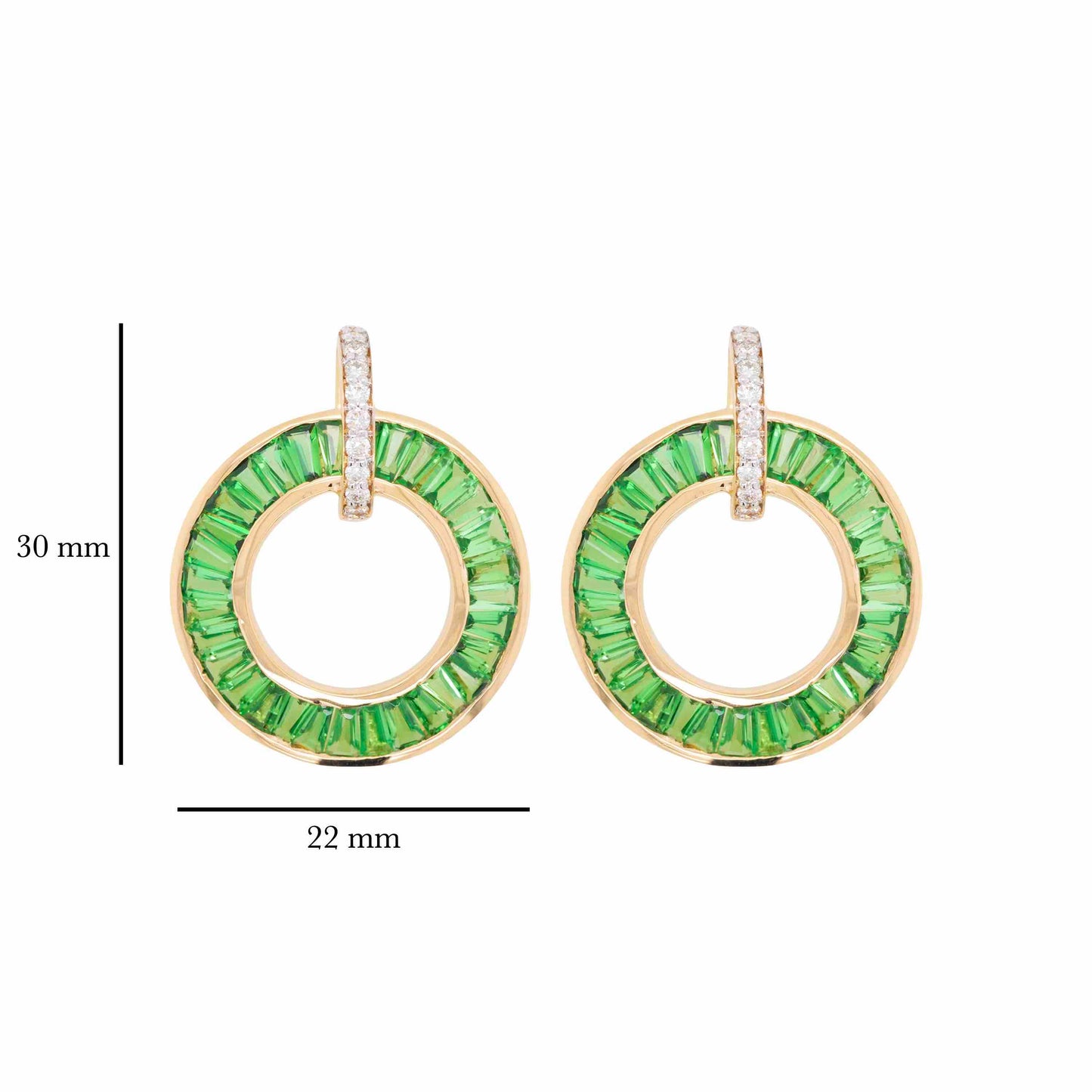 18K Gold Circle Tsavorite Taper Baguette Diamond Earrings
