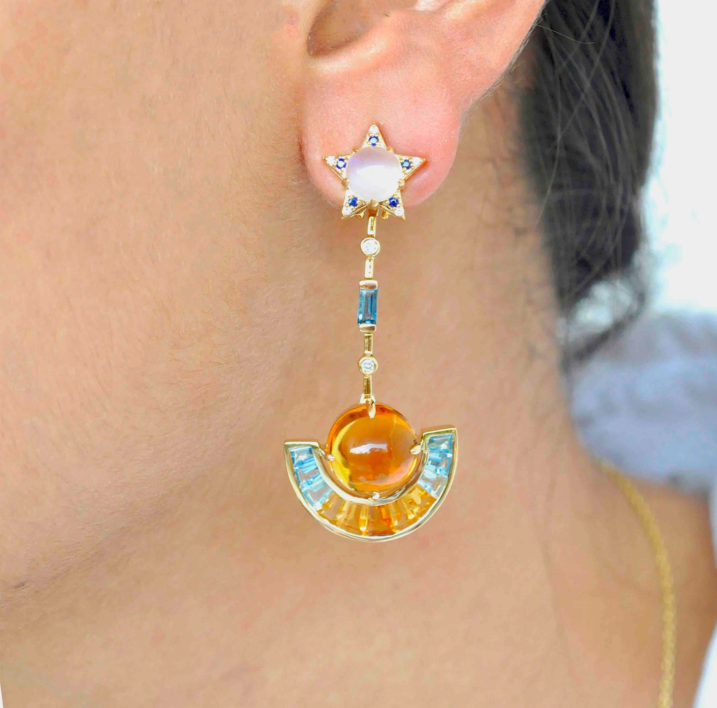 Handcrafted gemstone earrings with citrine, topaz, and sapphire accents