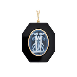 Gemini Twins Symbol Intricately Carved on Black Onyx Pendant.