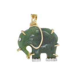 Hand-Carved Nephrite Jade Elephant Diamond Pendant