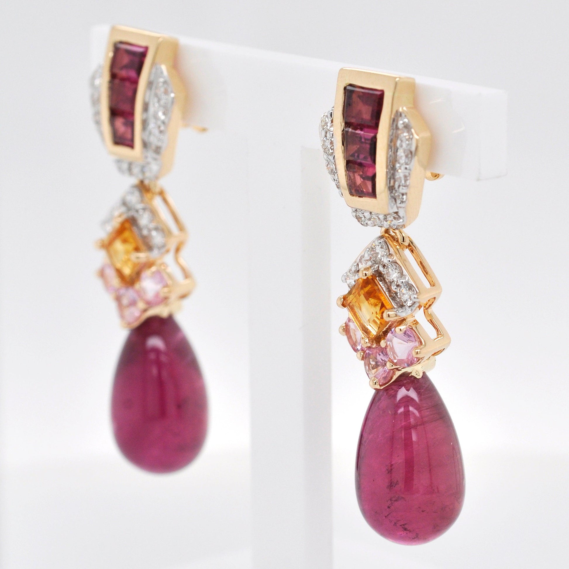 18K Gold Rubellite Drop Citrine Tourmaline Earrings - Vaibhav Dhadda Jewellery