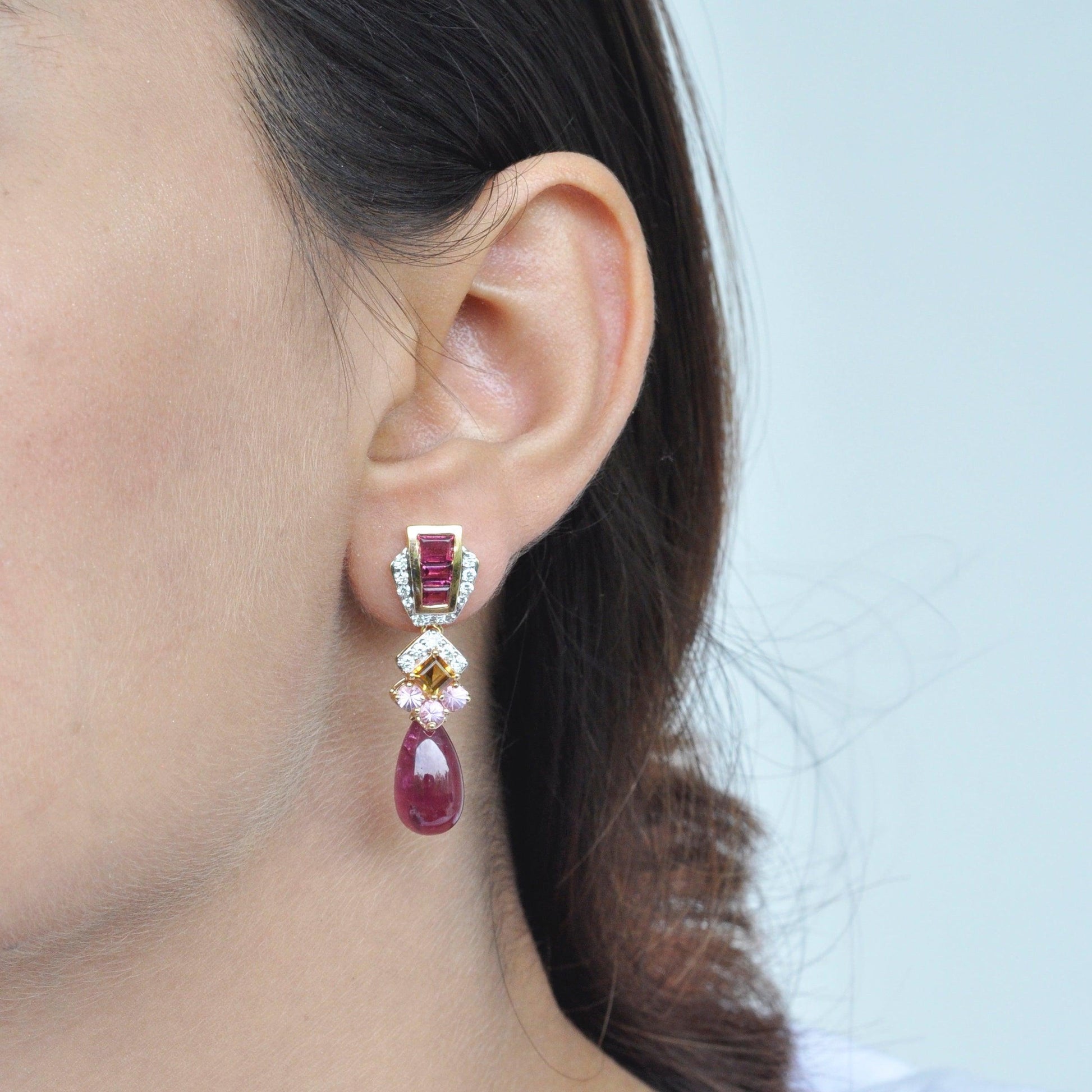 18K Gold Rubellite Drop Citrine Tourmaline Earrings - Vaibhav Dhadda Jewellery