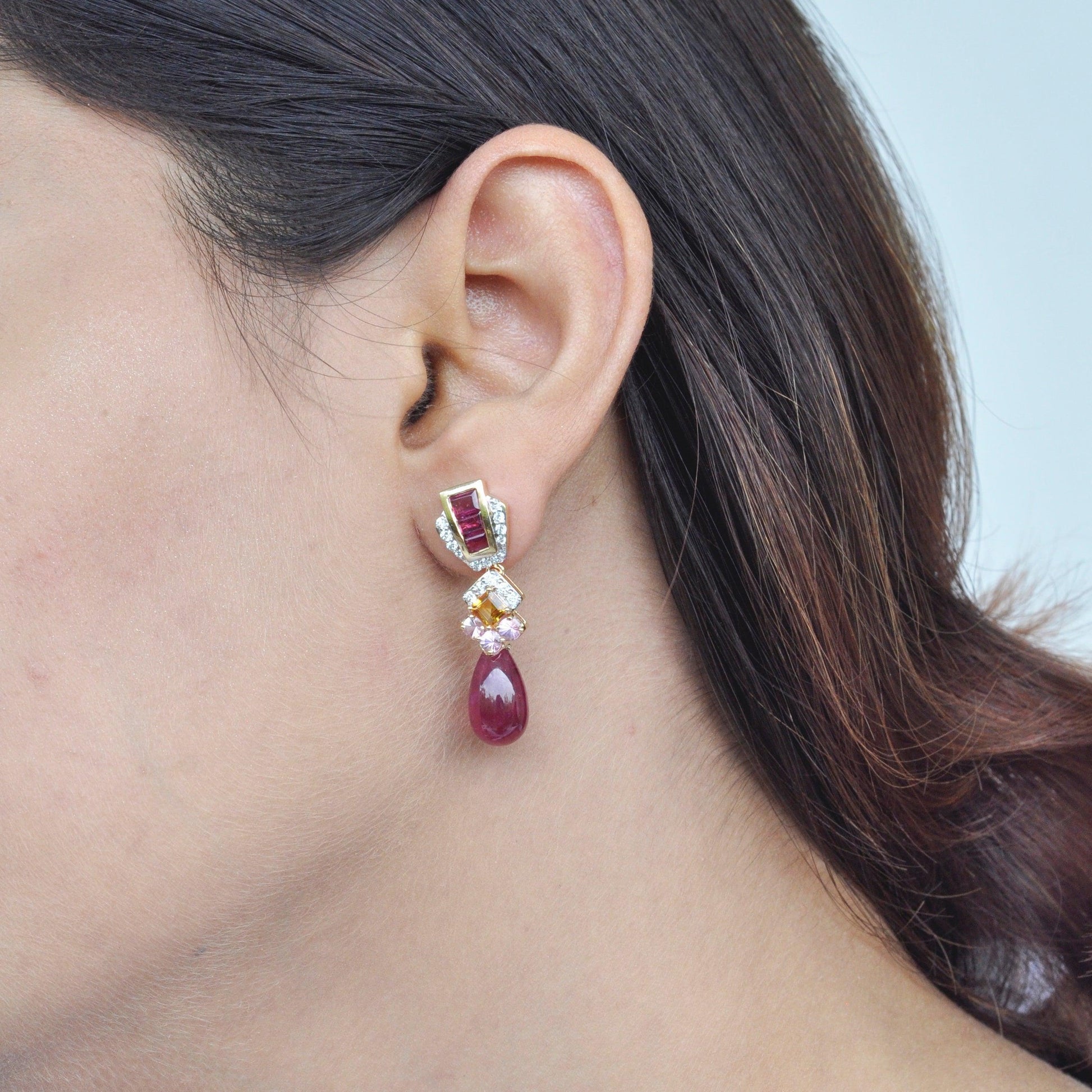 18K Gold Rubellite Drop Citrine Tourmaline Earrings - Vaibhav Dhadda Jewellery