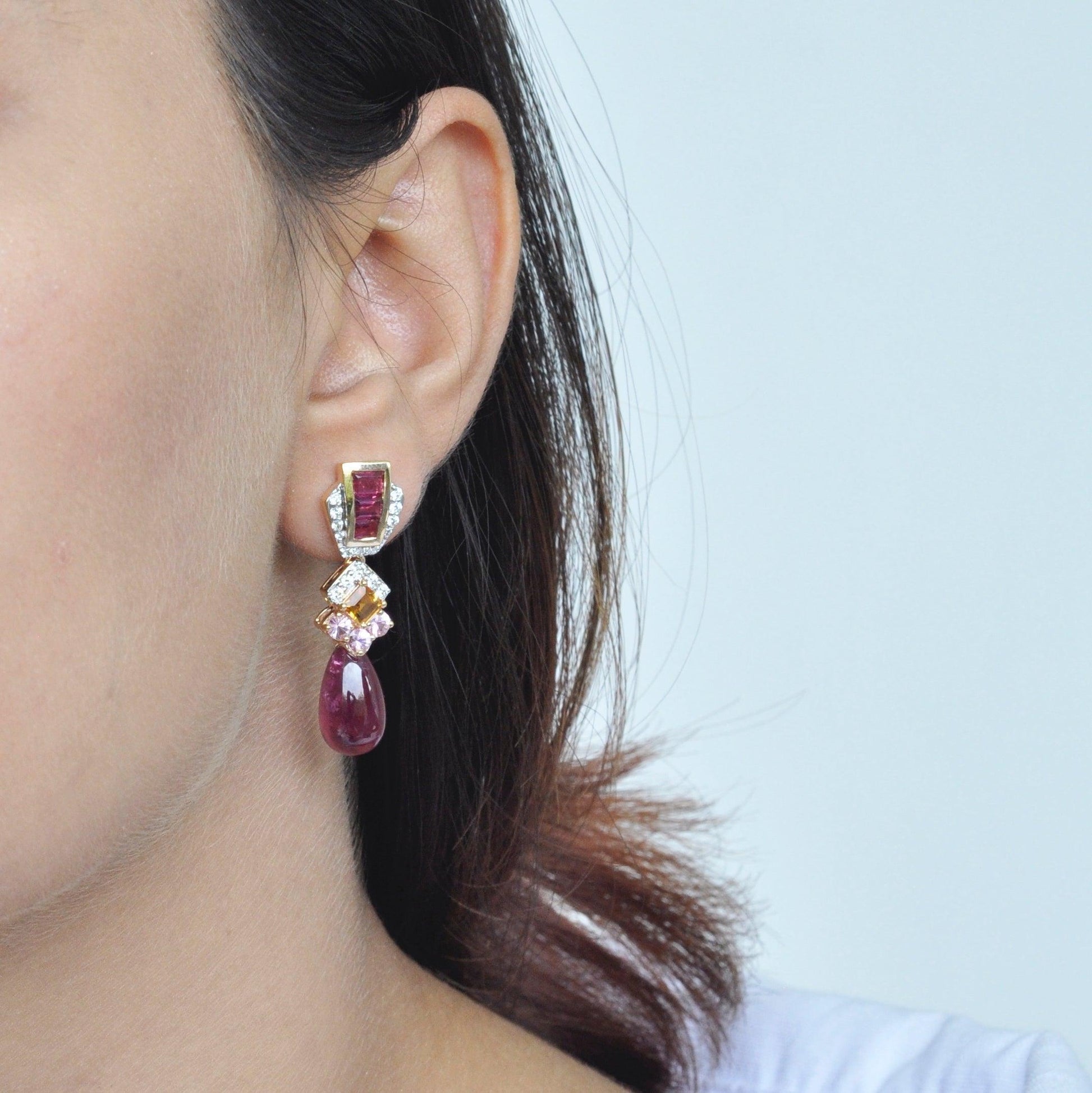 18K Gold Rubellite Drop Citrine Tourmaline Earrings - Vaibhav Dhadda Jewellery