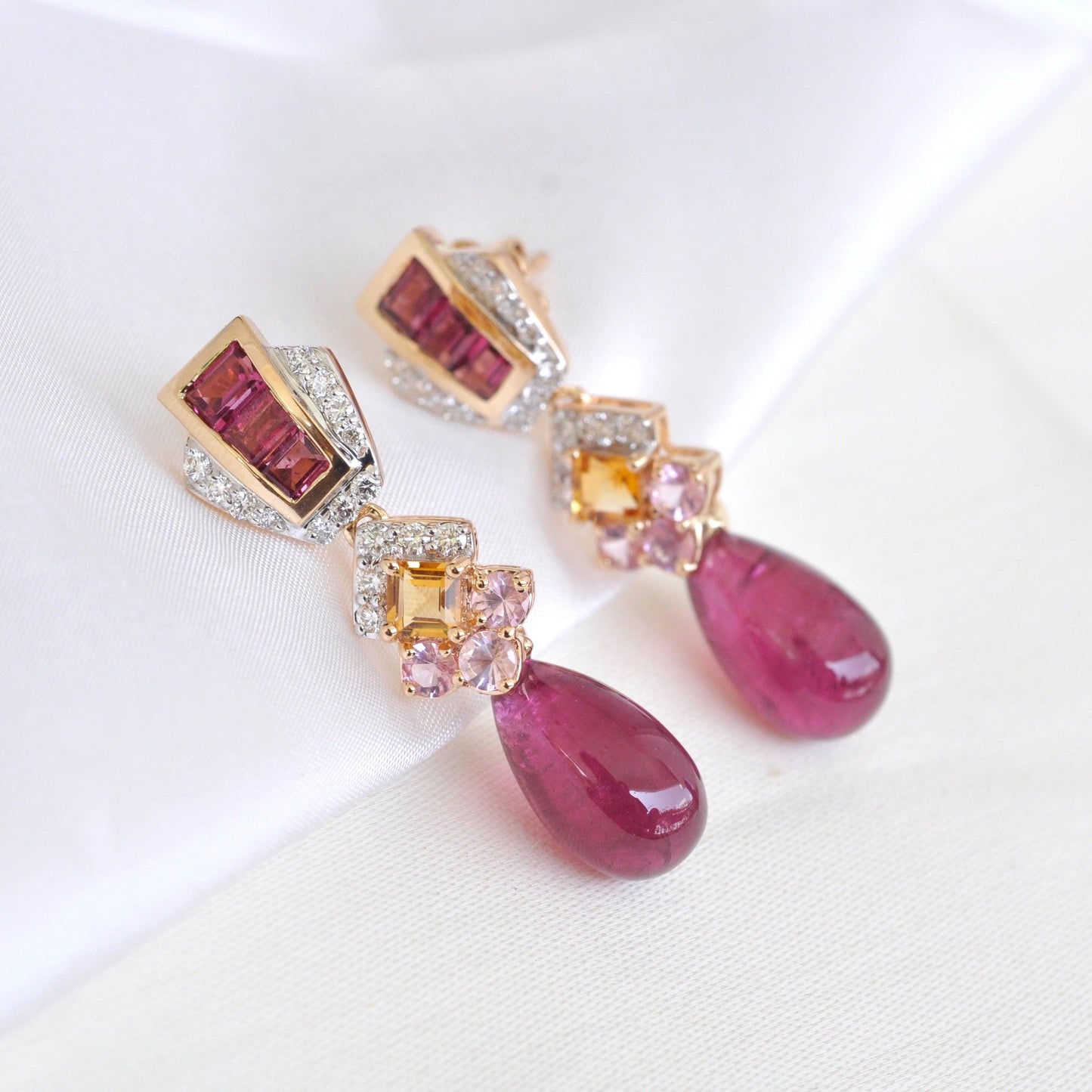 18K Gold Rubellite Drop Citrine Tourmaline Earrings - Vaibhav Dhadda Jewellery