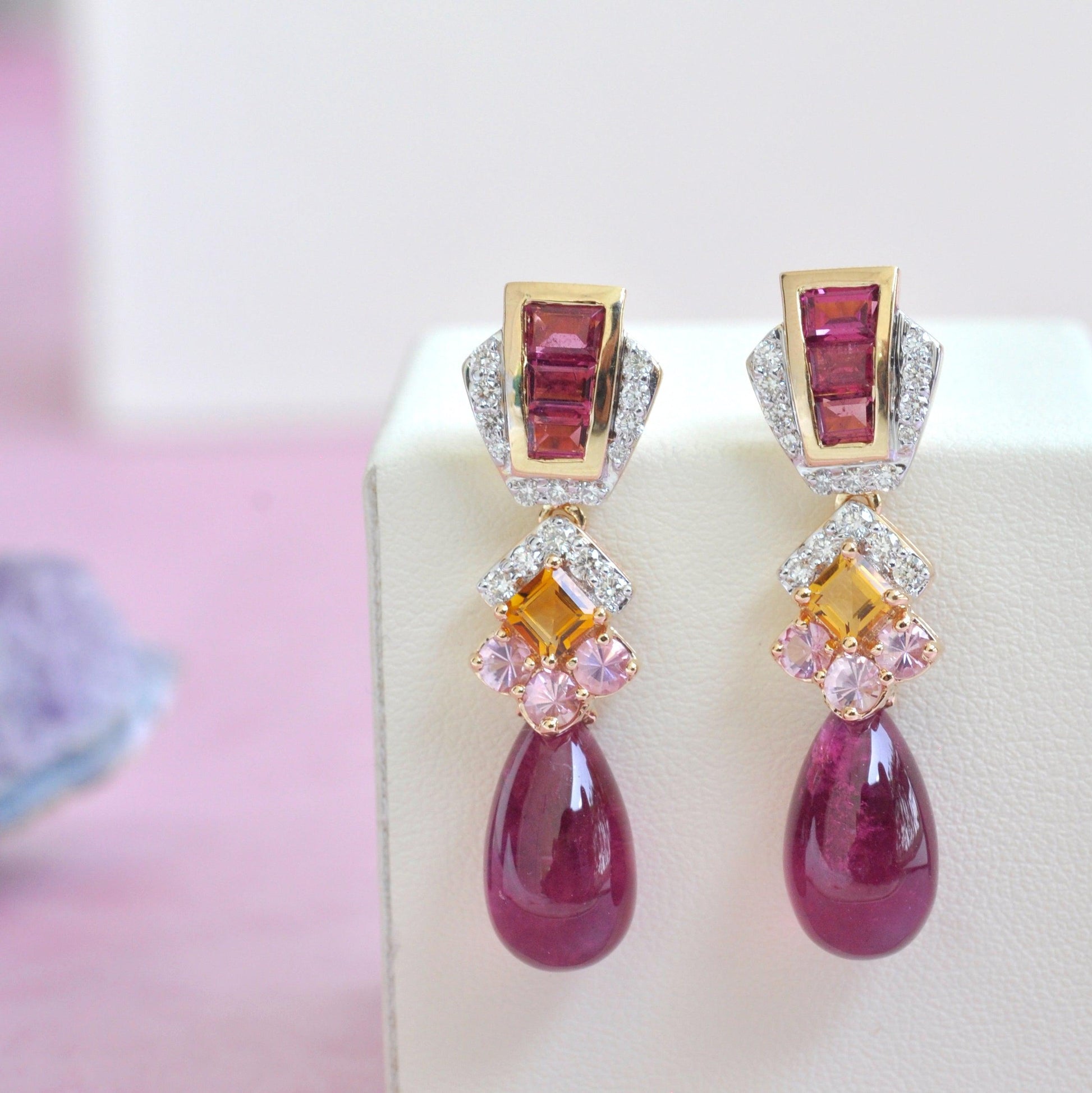 18K Gold Rubellite Drop Citrine Tourmaline Earrings - Vaibhav Dhadda Jewellery