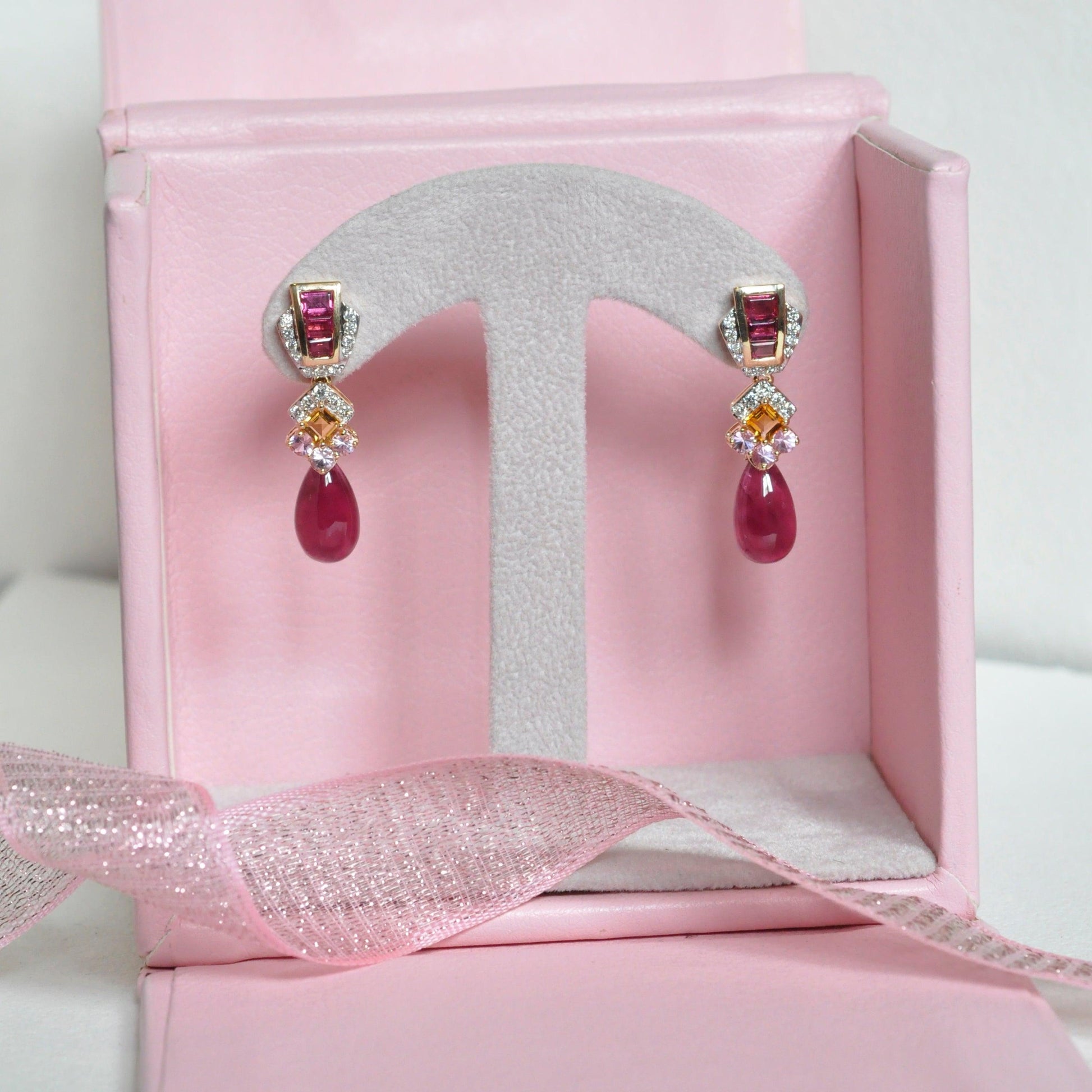 18K Gold Rubellite Drop Citrine Tourmaline Earrings - Vaibhav Dhadda Jewellery