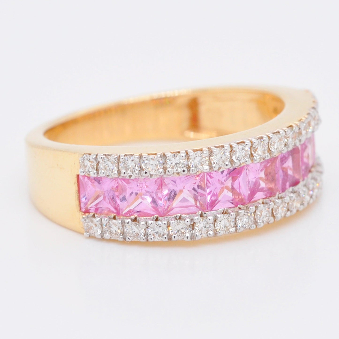 diamond and pink sapphire band yellow gold