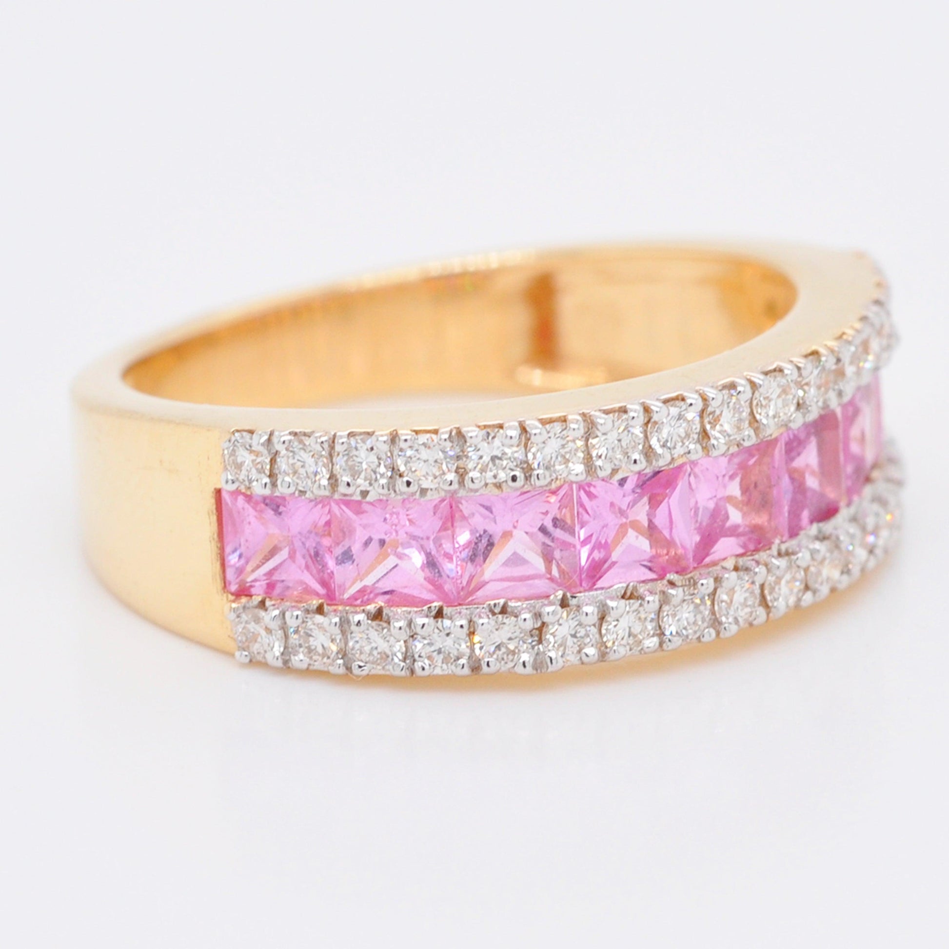 diamond and pink sapphire band yellow gold