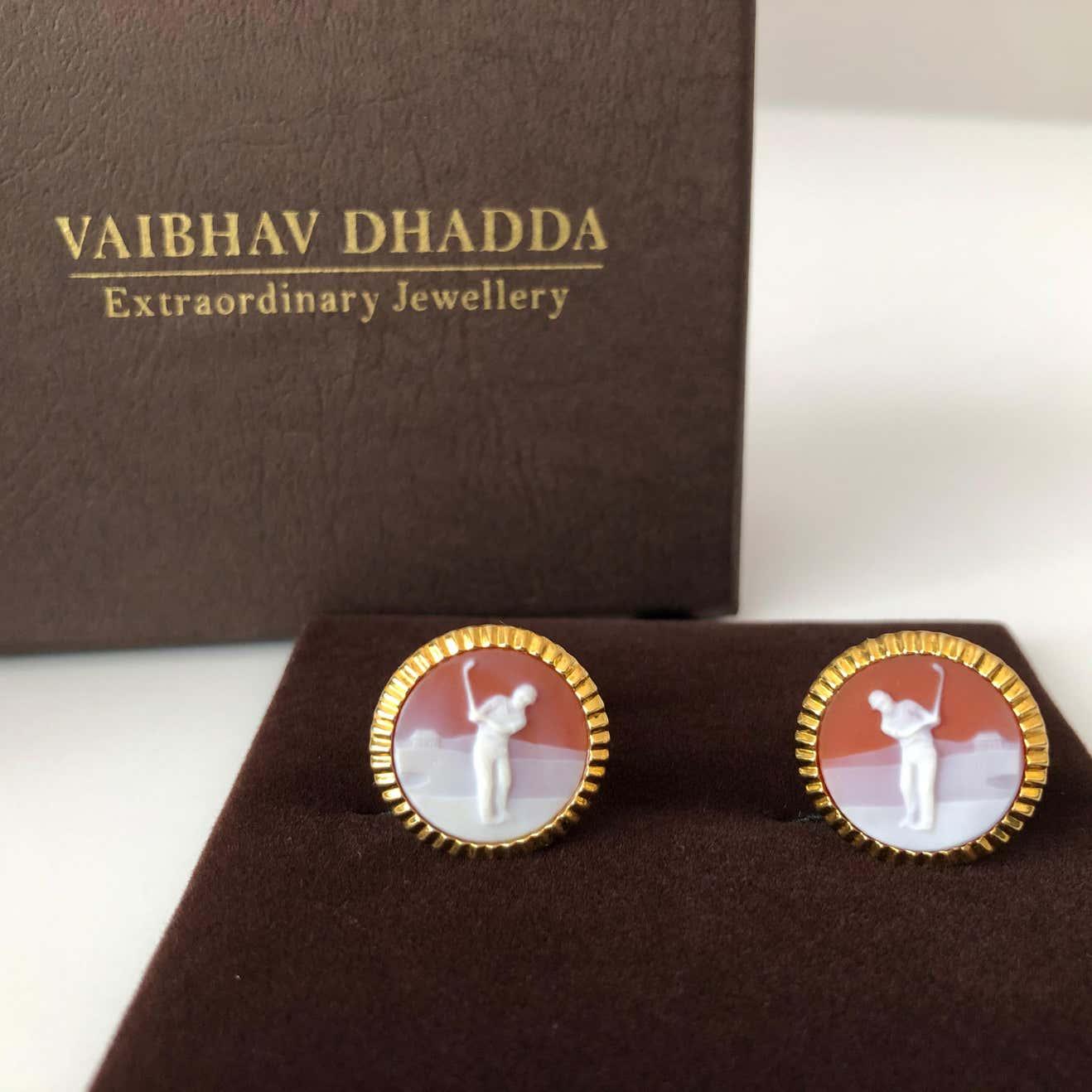 Red Chalcedony Golf Carving Agate Cufflinks - Vaibhav Dhadda Jewellery
