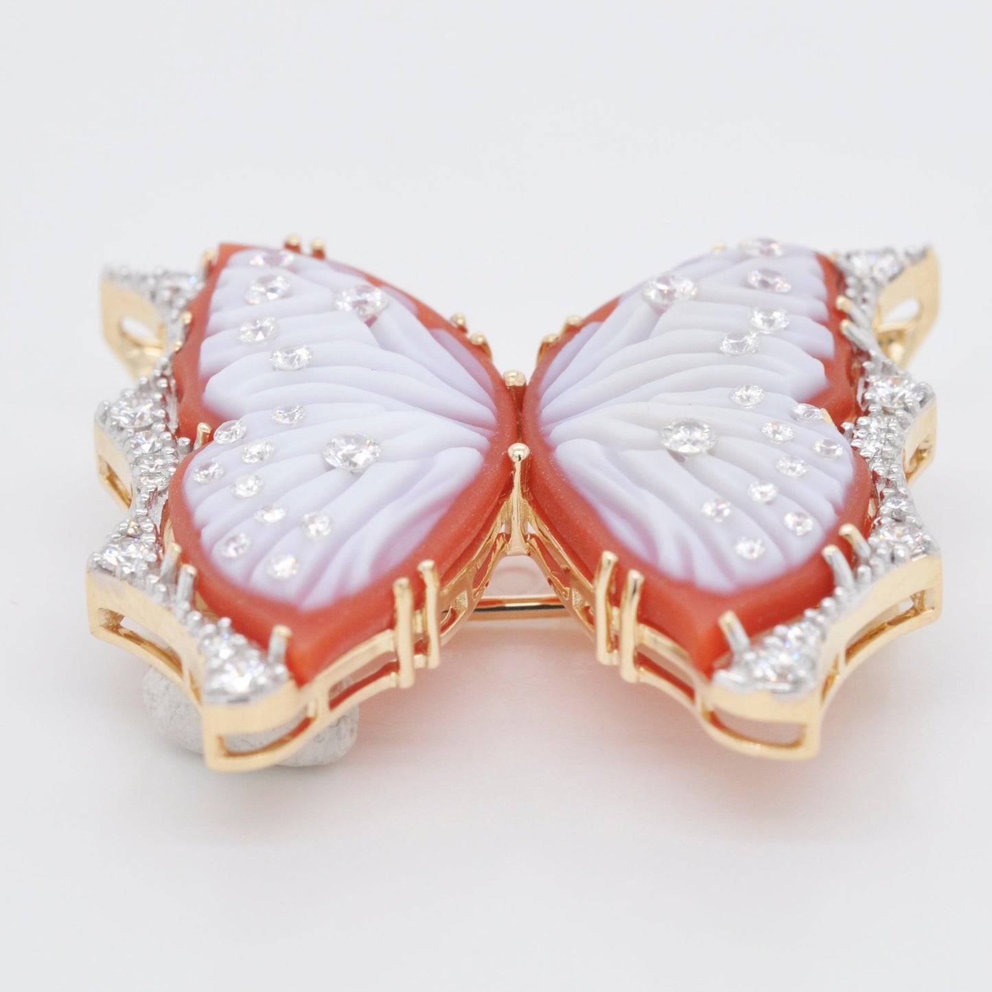 Red Agate Butterfly Carving Diamond Gold Pendant Brooch