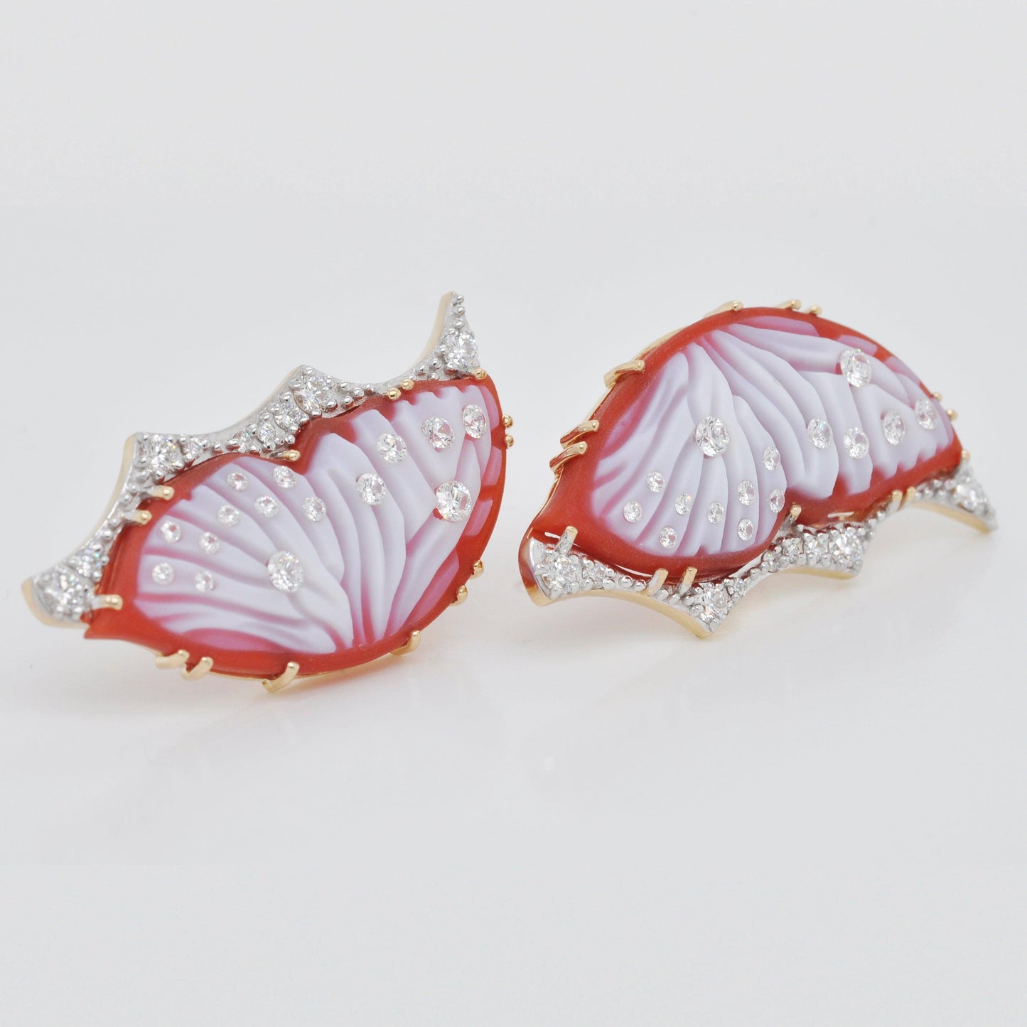 Red Agate Butterfly Carving Cameo Gold Stud Earrings
