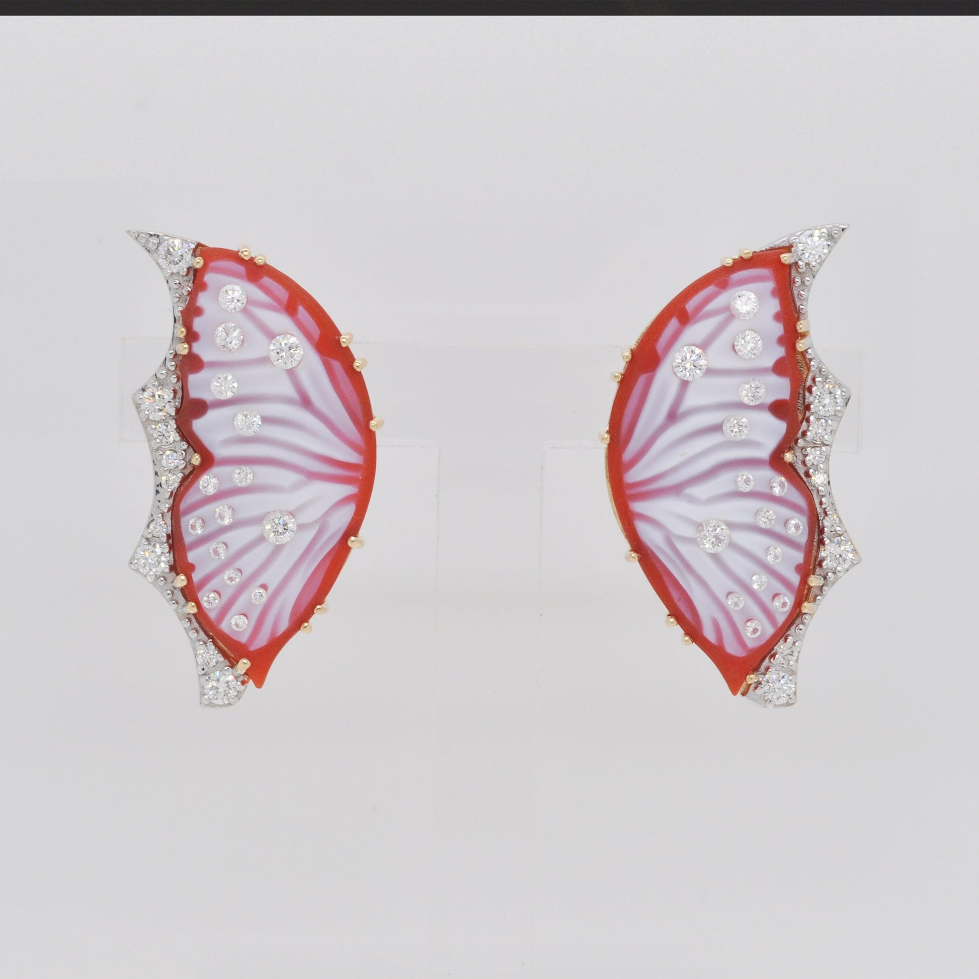 Red Agate Butterfly Carving Cameo Gold Stud Earrings