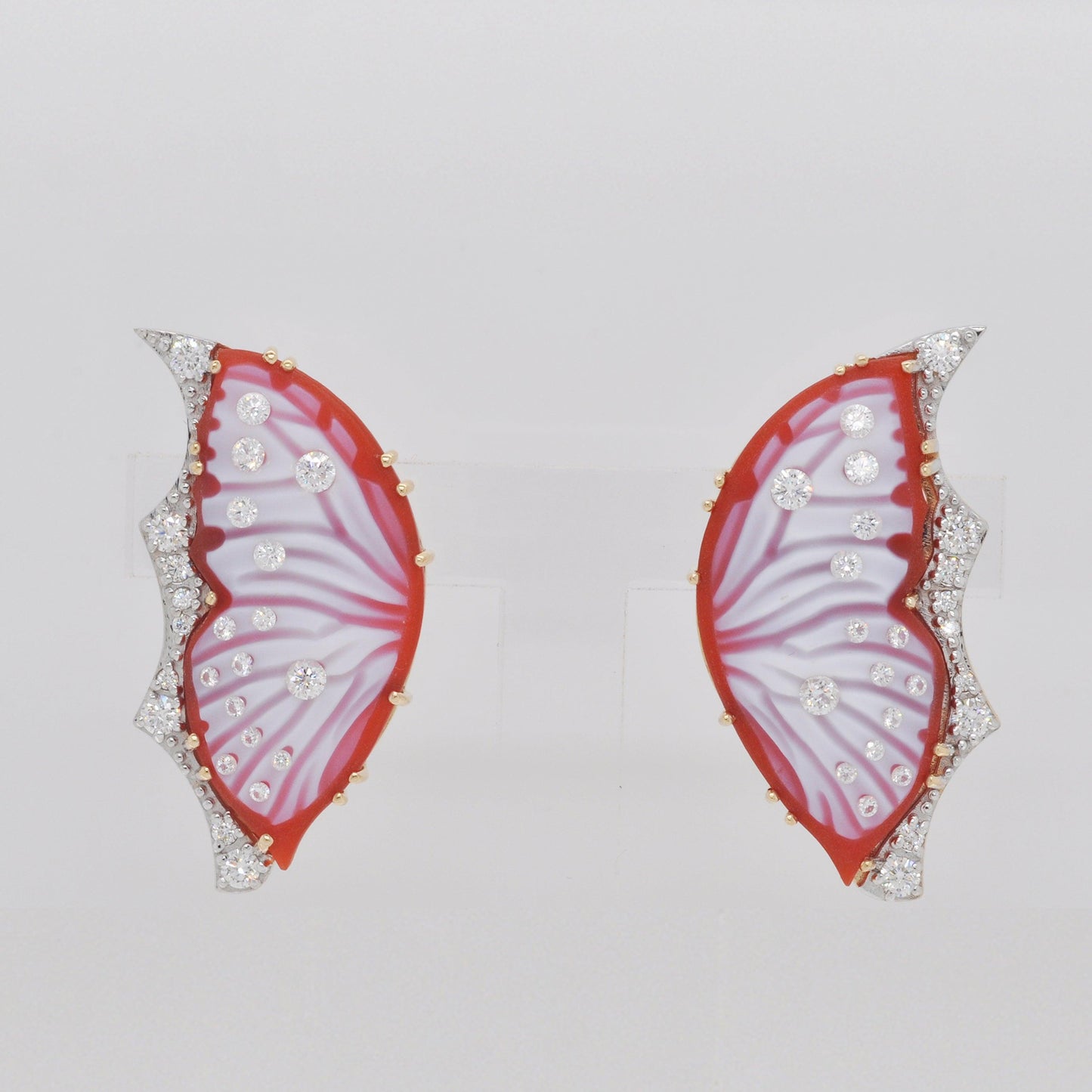 Red Agate Butterfly Carving Cameo Gold Stud Earrings