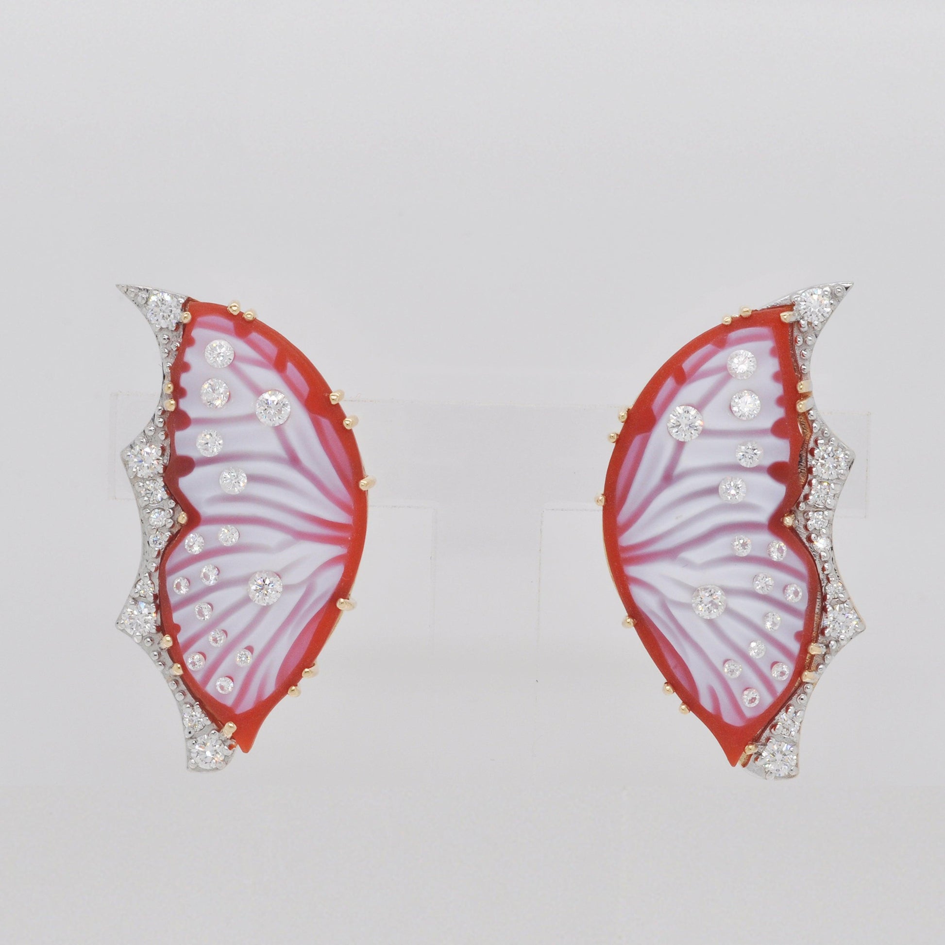 Red Agate Butterfly Carving Cameo Gold Stud Earrings