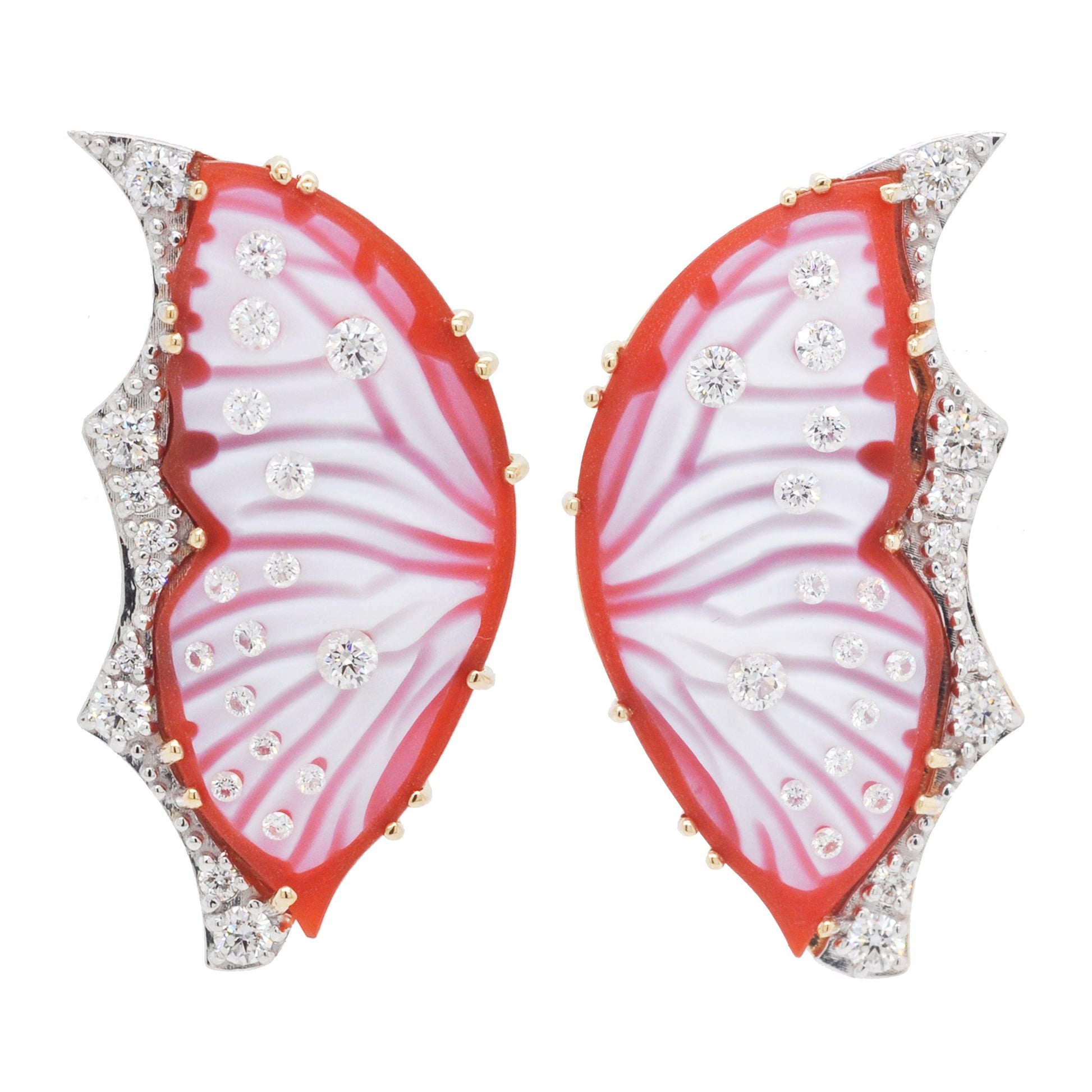 Red Agate Butterfly Carving Cameo Gold Stud Earrings